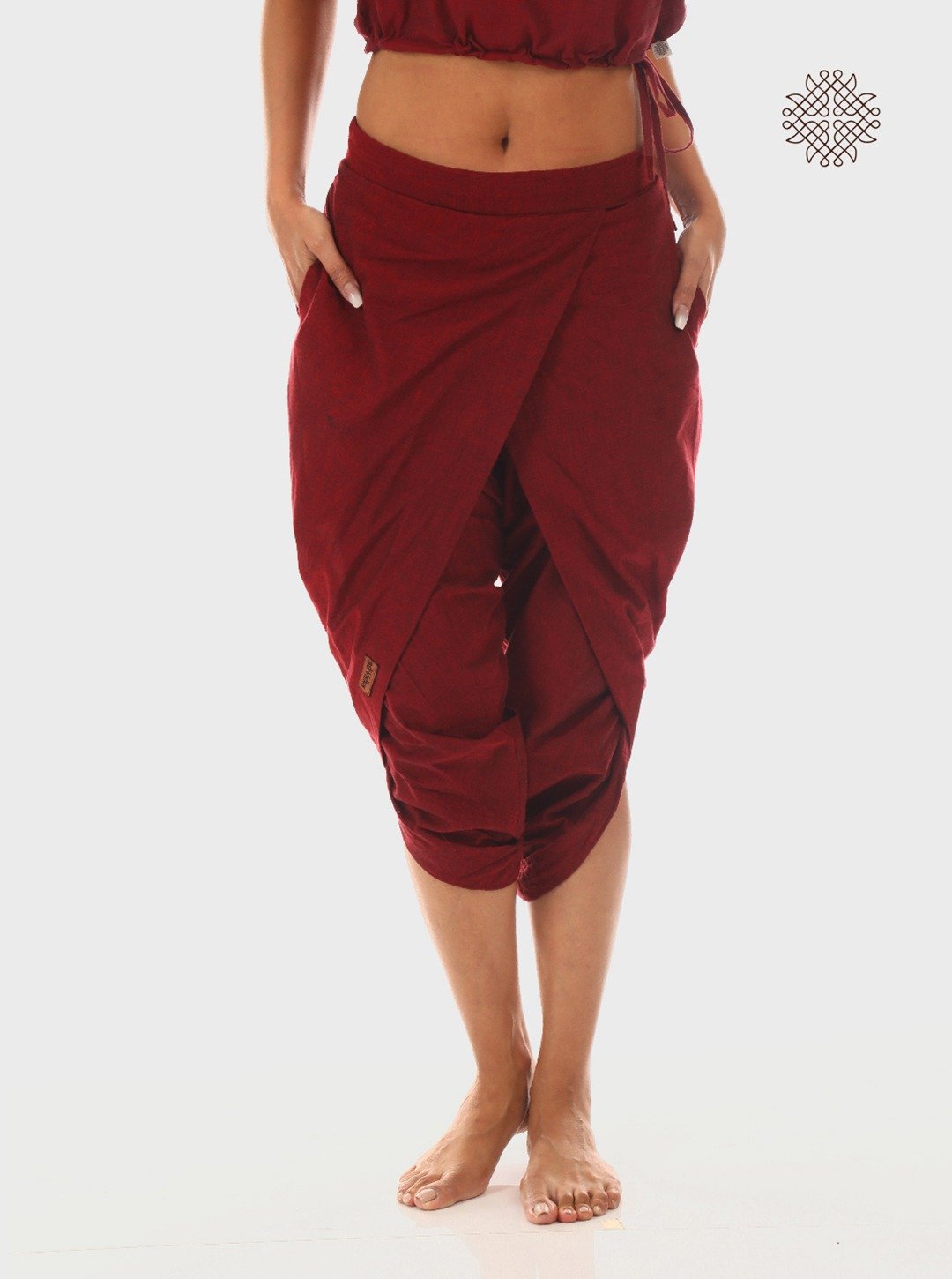 kumkum (maroon) taruNi, cross-cut calf length dhoti pants with pockets crafted in 100% cotton