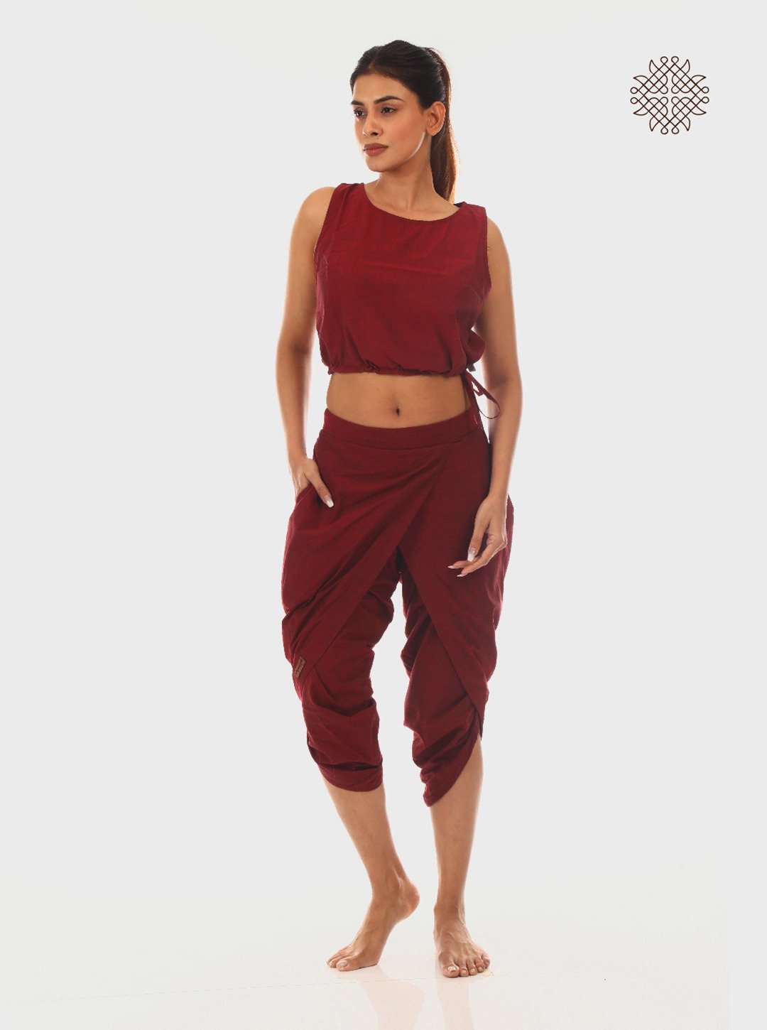 kumkum (maroon) taruNi, cross-cut calf length dhoti pants with pockets crafted in 100% cotton - Image 2