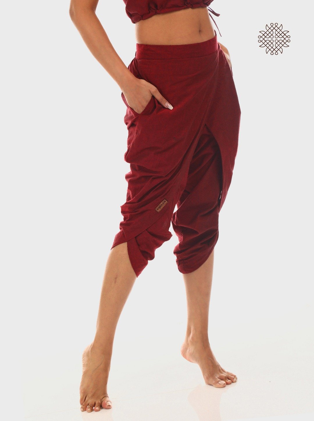 kumkum (maroon) taruNi, cross-cut calf length dhoti pants with pockets crafted in 100% cotton - Image 4