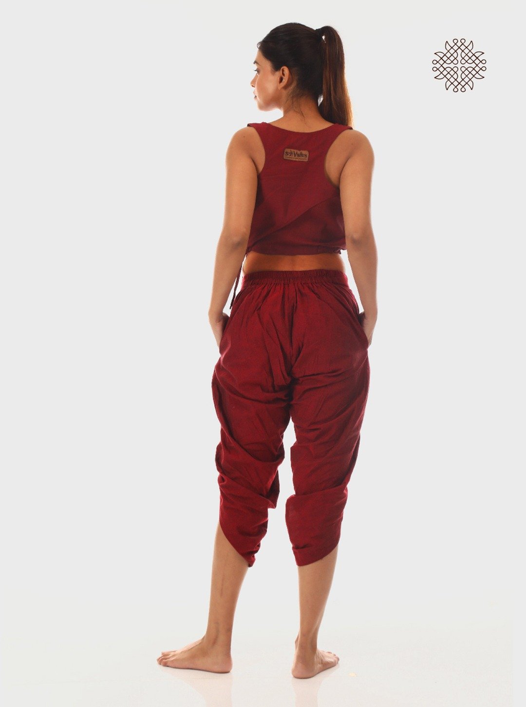 kumkum (maroon) taruNi, cross-cut calf length dhoti pants with pockets crafted in 100% cotton - Image 5