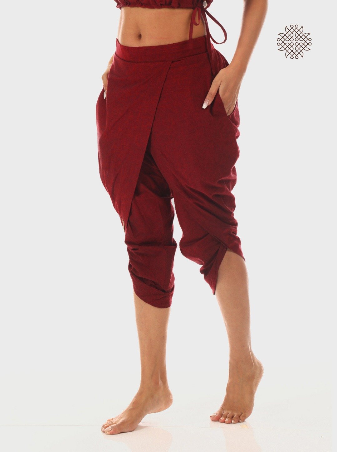 kumkum (maroon) taruNi, cross-cut calf length dhoti pants with pockets crafted in 100% cotton - Image 3
