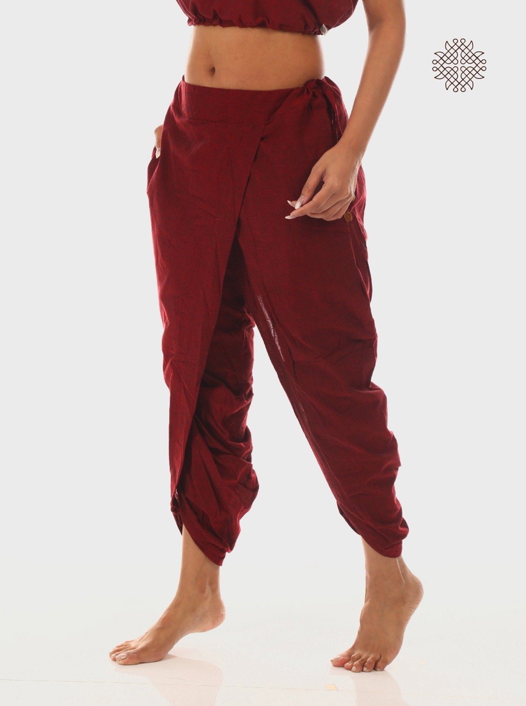 kumkum (maroon) yuvaki, cross-cut dhoti pants with pockets crafted in 100% cotton