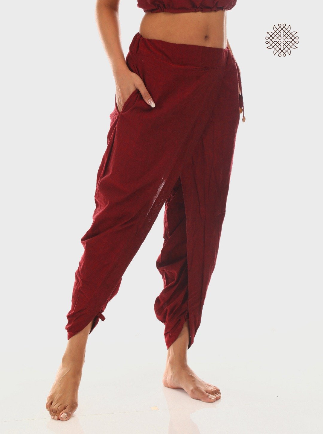 kumkum (maroon) yuvaki, cross-cut dhoti pants with pockets crafted in 100% cotton - Image 3