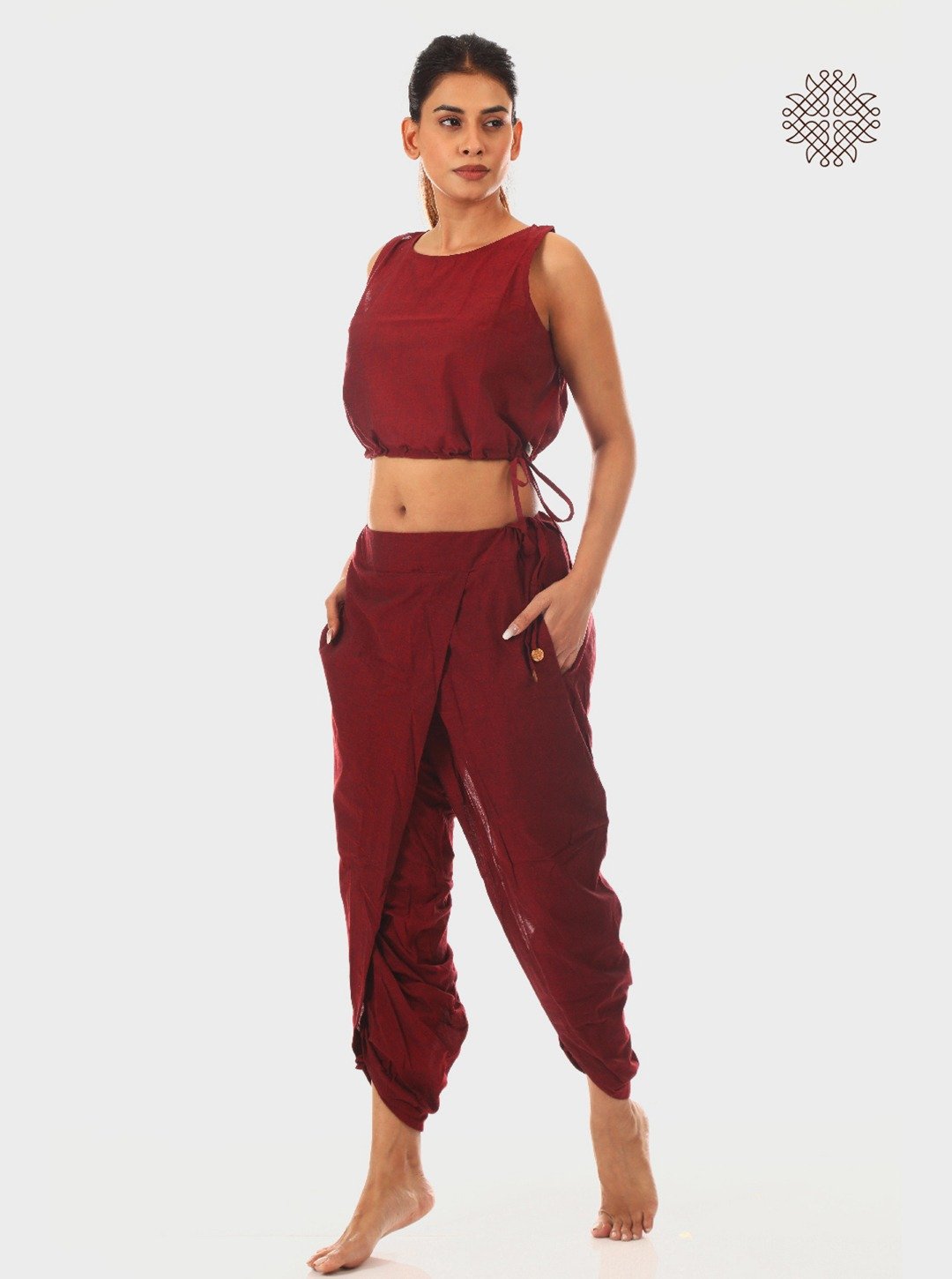 kumkum (maroon) yuvaki, cross-cut dhoti pants with pockets crafted in 100% cotton - Image 4