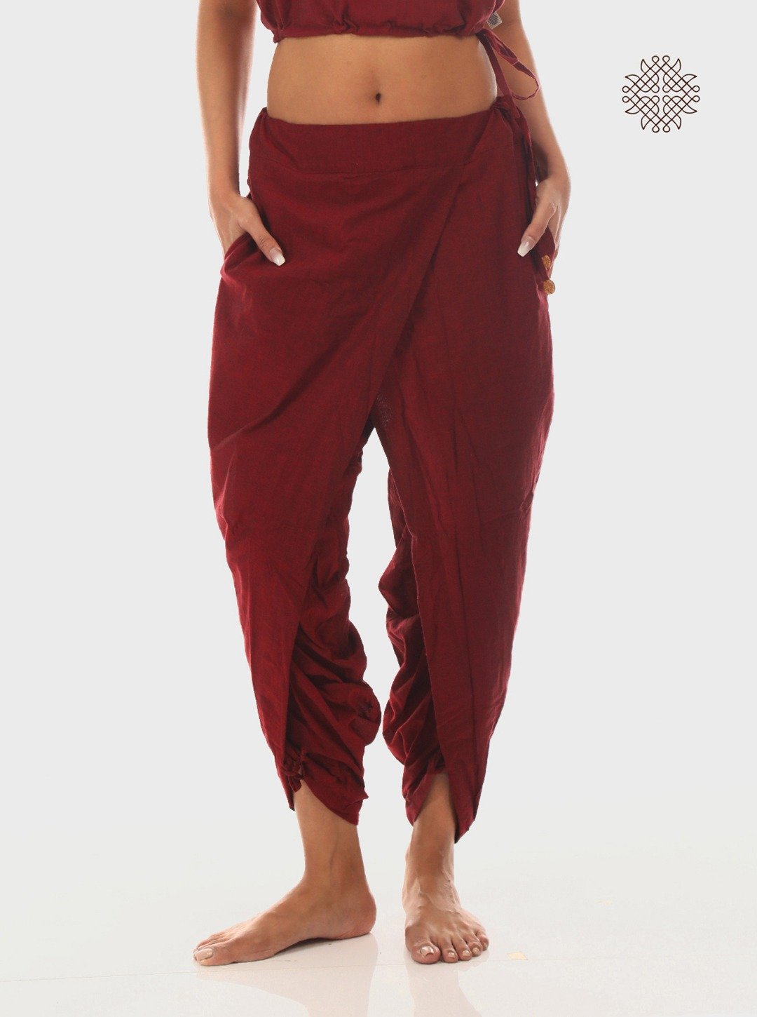 kumkum (maroon) yuvaki, cross-cut dhoti pants with pockets crafted in 100% cotton - Image 5