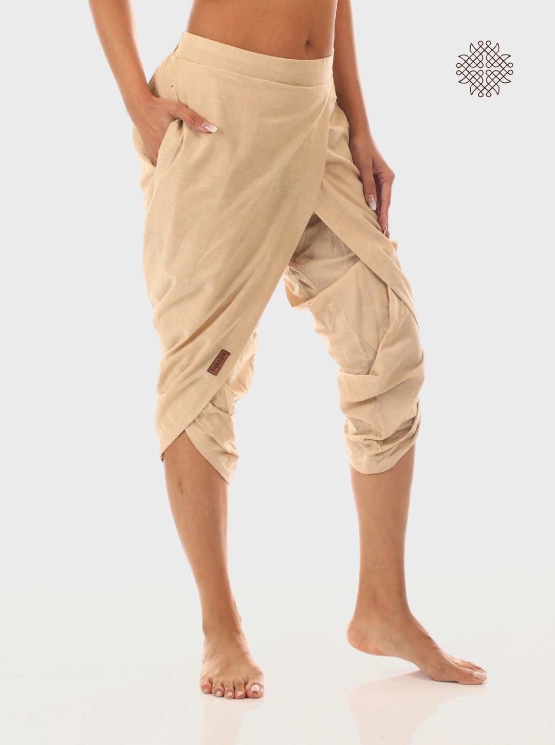 hariNa (beige) taruNi, cross-cut calf length dhoti pants with pockets crafted in 100% cotton - Image 2