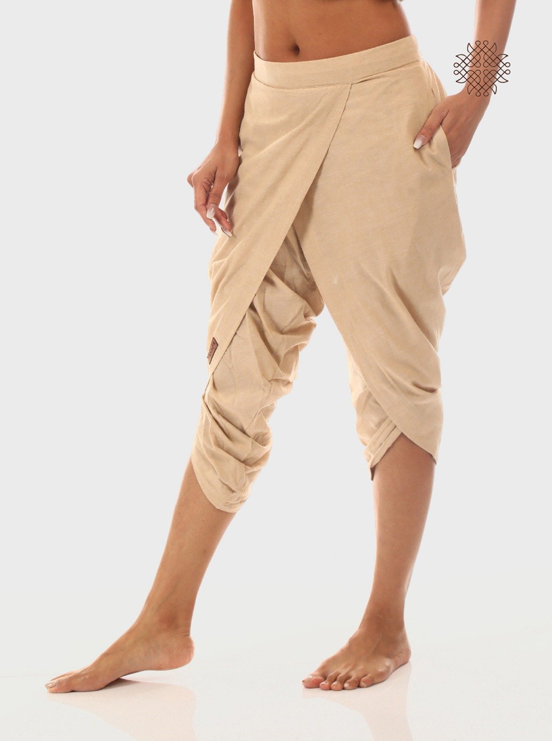 hariNa (beige) taruNi, cross-cut calf length dhoti pants with pockets crafted in 100% cotton - Image 4