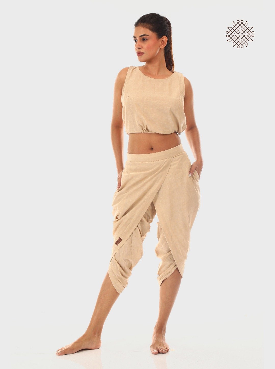 hariNa (beige) taruNi, cross-cut calf length dhoti pants with pockets crafted in 100% cotton - Image 5