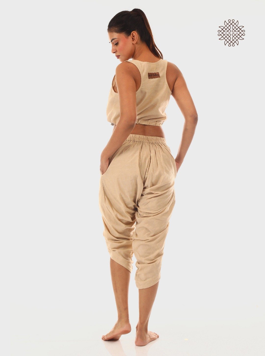 hariNa (beige) taruNi, cross-cut calf length dhoti pants with pockets crafted in 100% cotton - Image 3