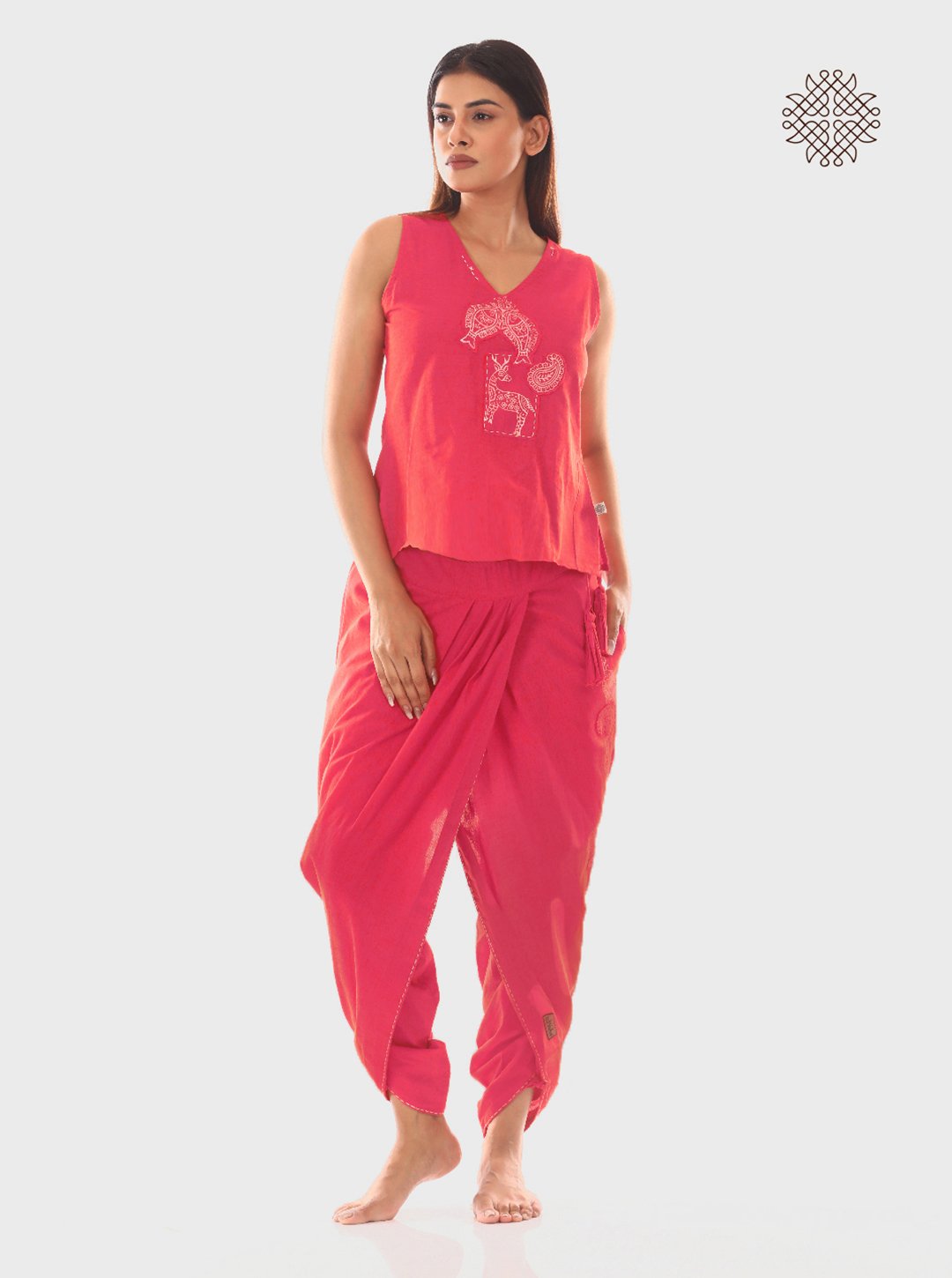 Pankaja - Pink Coral Hand Block Printed Dhoti & Crop Top Set made in 100% cotton