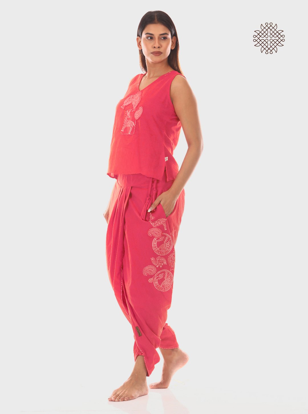Pankaja - Pink Coral Hand Block Printed Dhoti & Crop Top Set made in 100% cotton - Image 3