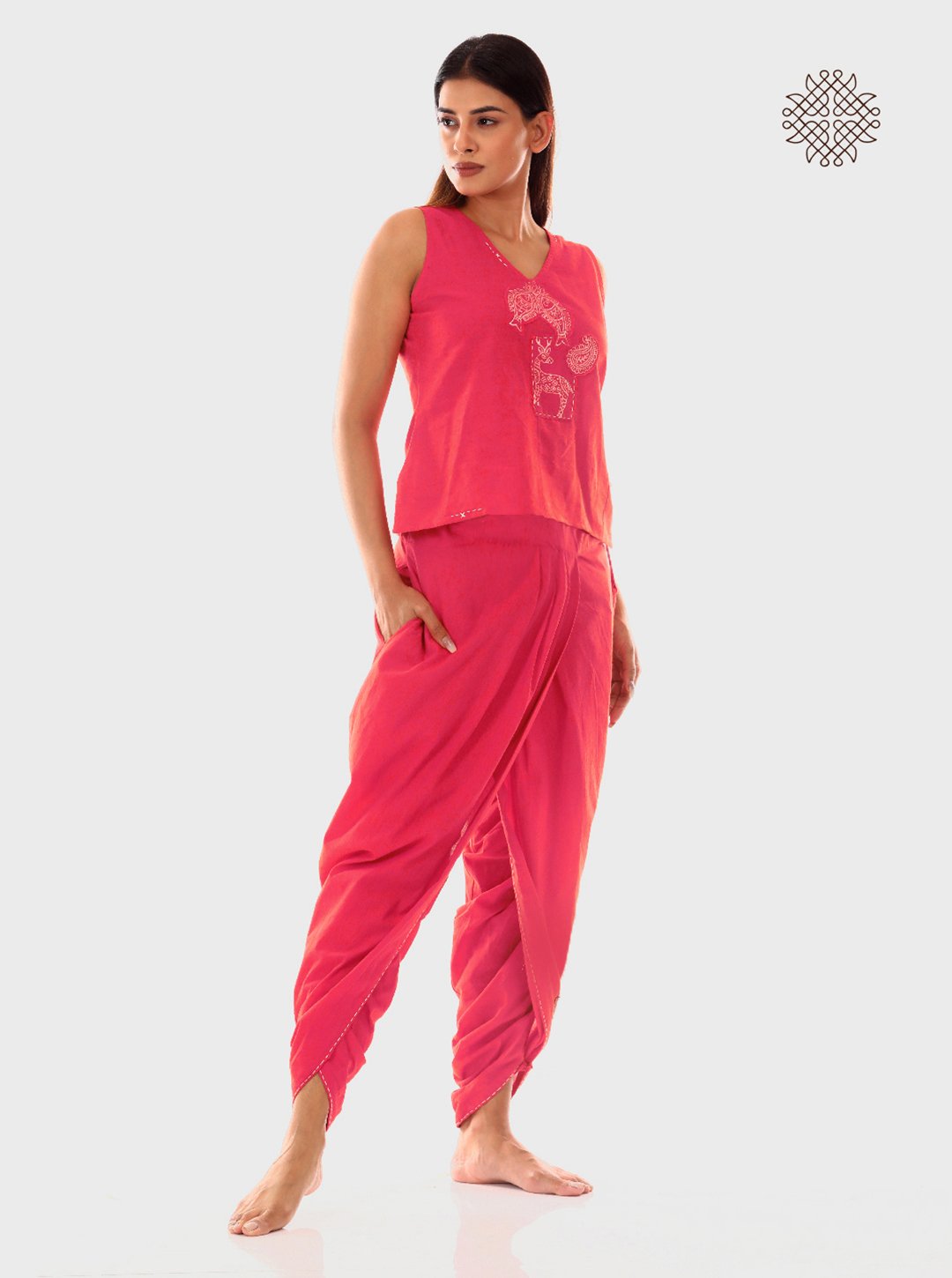 Pankaja - Pink Coral Hand Block Printed Dhoti & Crop Top Set made in 100% cotton - Image 2