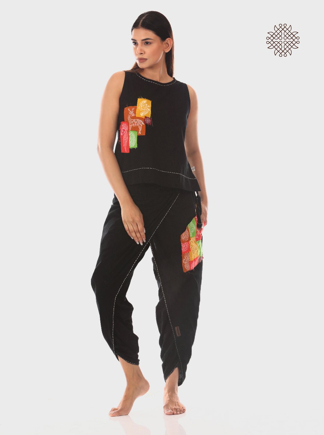 Satrangi - Hand Block Printed Black Dhoti & Crop Top Set made in 100% cotton