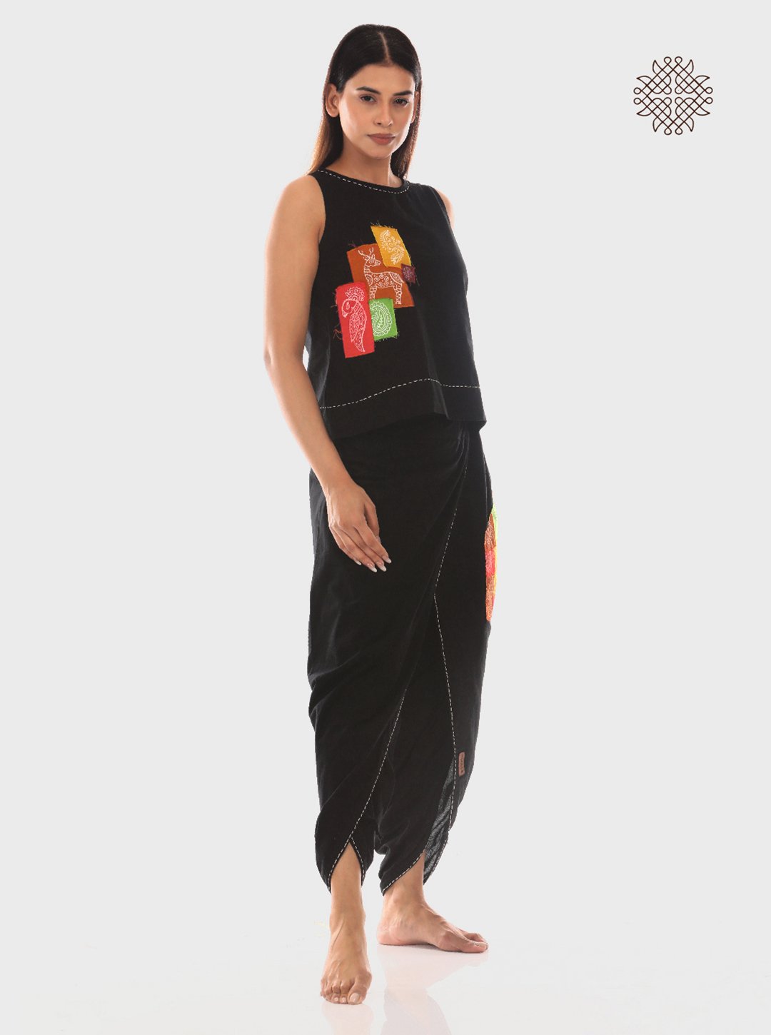 Satrangi - Hand Block Printed Black Dhoti & Crop Top Set made in 100% cotton - Image 2