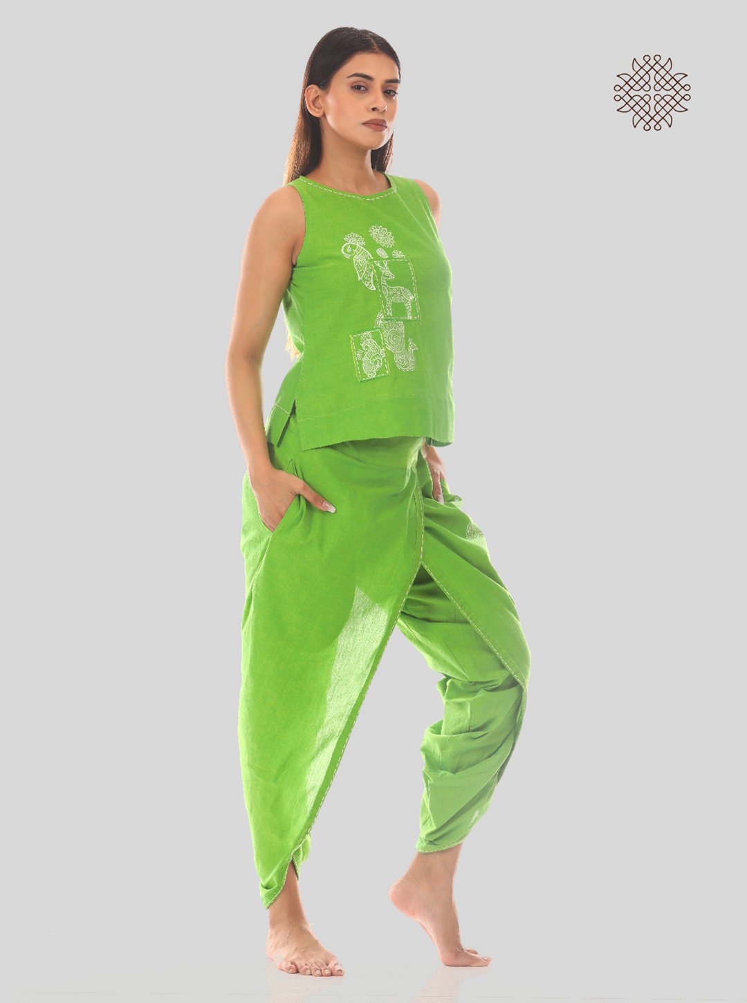 Tota - Hand Block Printed Lemon Green Dhoti & Crop Top Set mad ein 100% cotton - Image 2