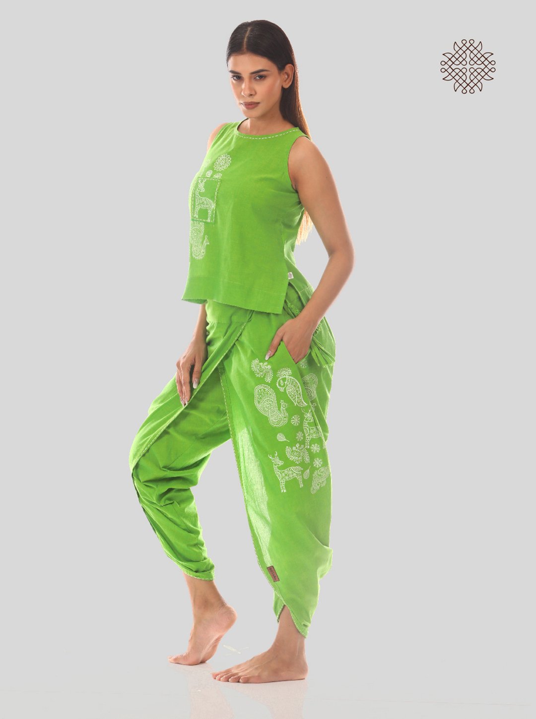 Tota - Hand Block Printed Lemon Green Dhoti & Crop Top Set mad ein 100% cotton - Image 3