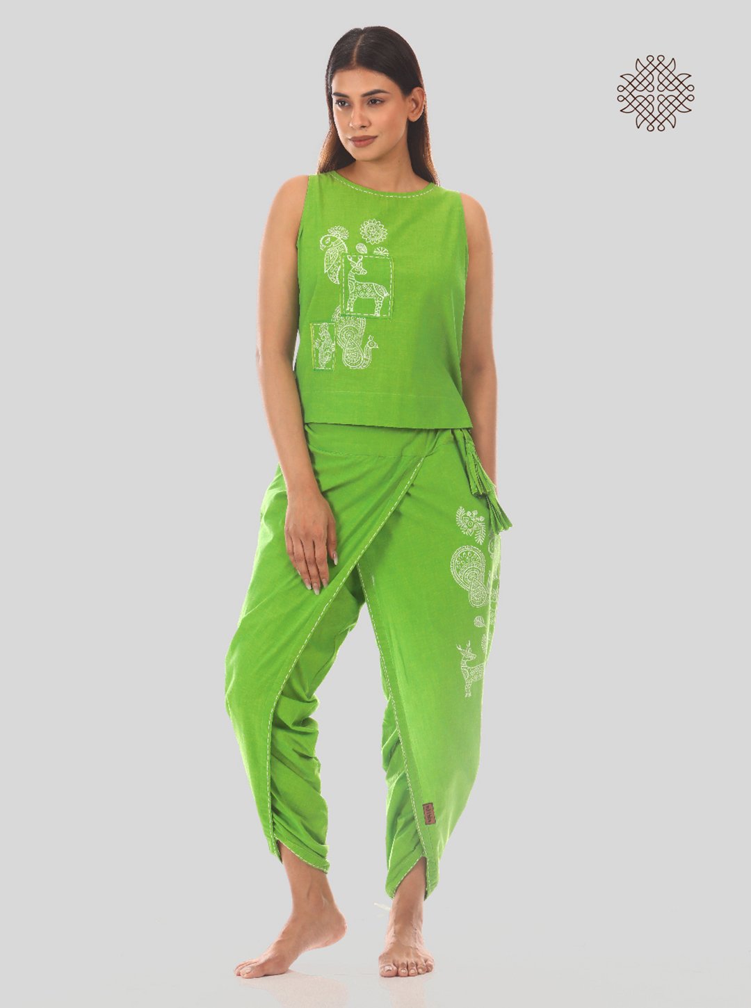 Tota - Hand Block Printed Lemon Green Dhoti & Crop Top Set mad ein 100% cotton