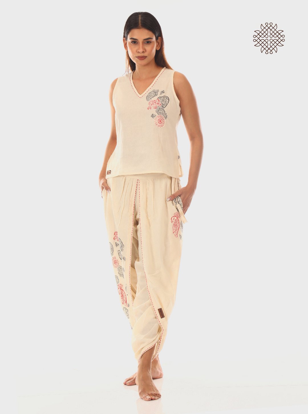 Sattvika - Hand Block Printed Off-White Dhoti & Crop Top Set made in 100% cotton