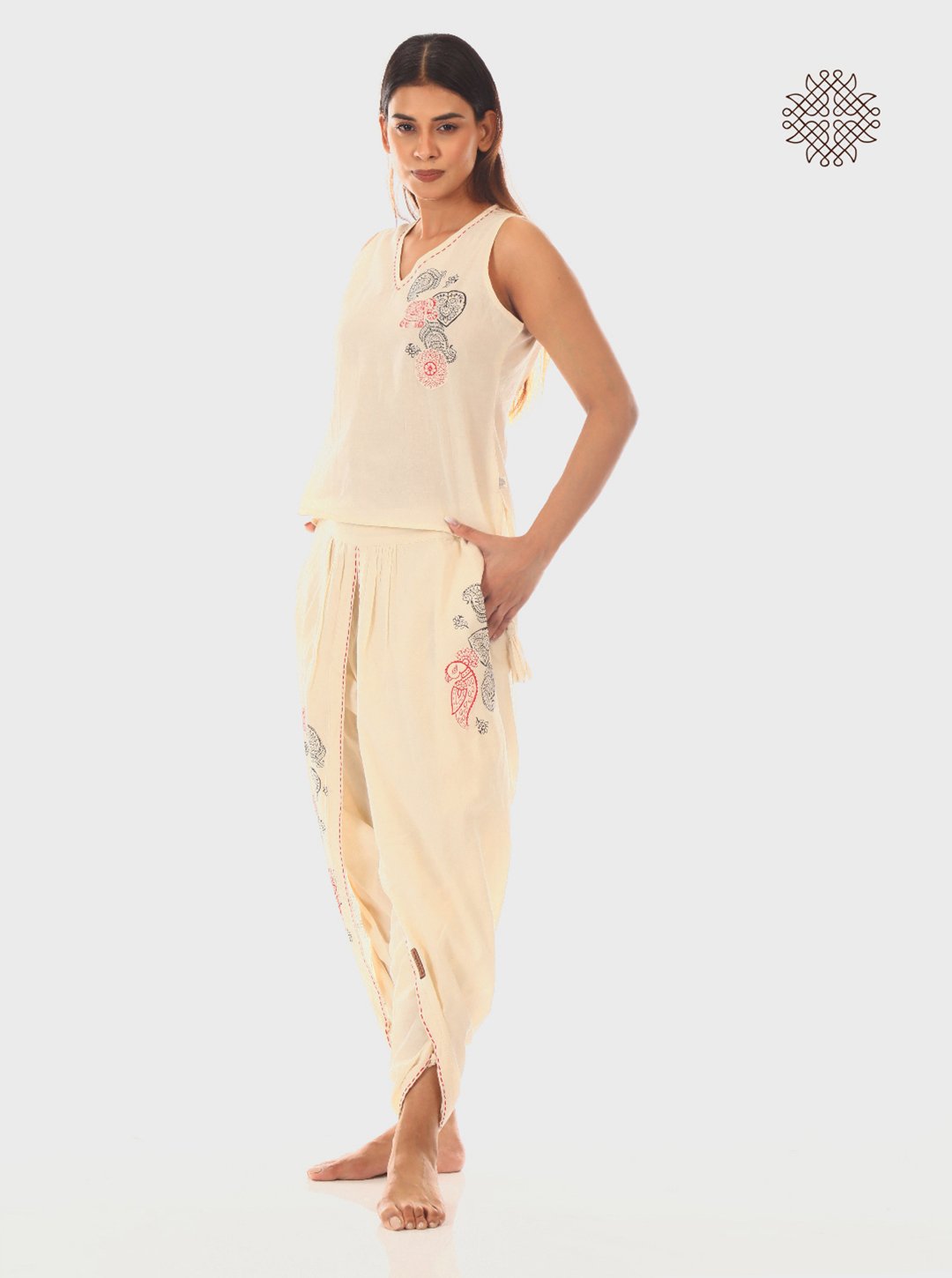 Sattvika - Hand Block Printed Off-White Dhoti & Crop Top Set made in 100% cotton - Image 3