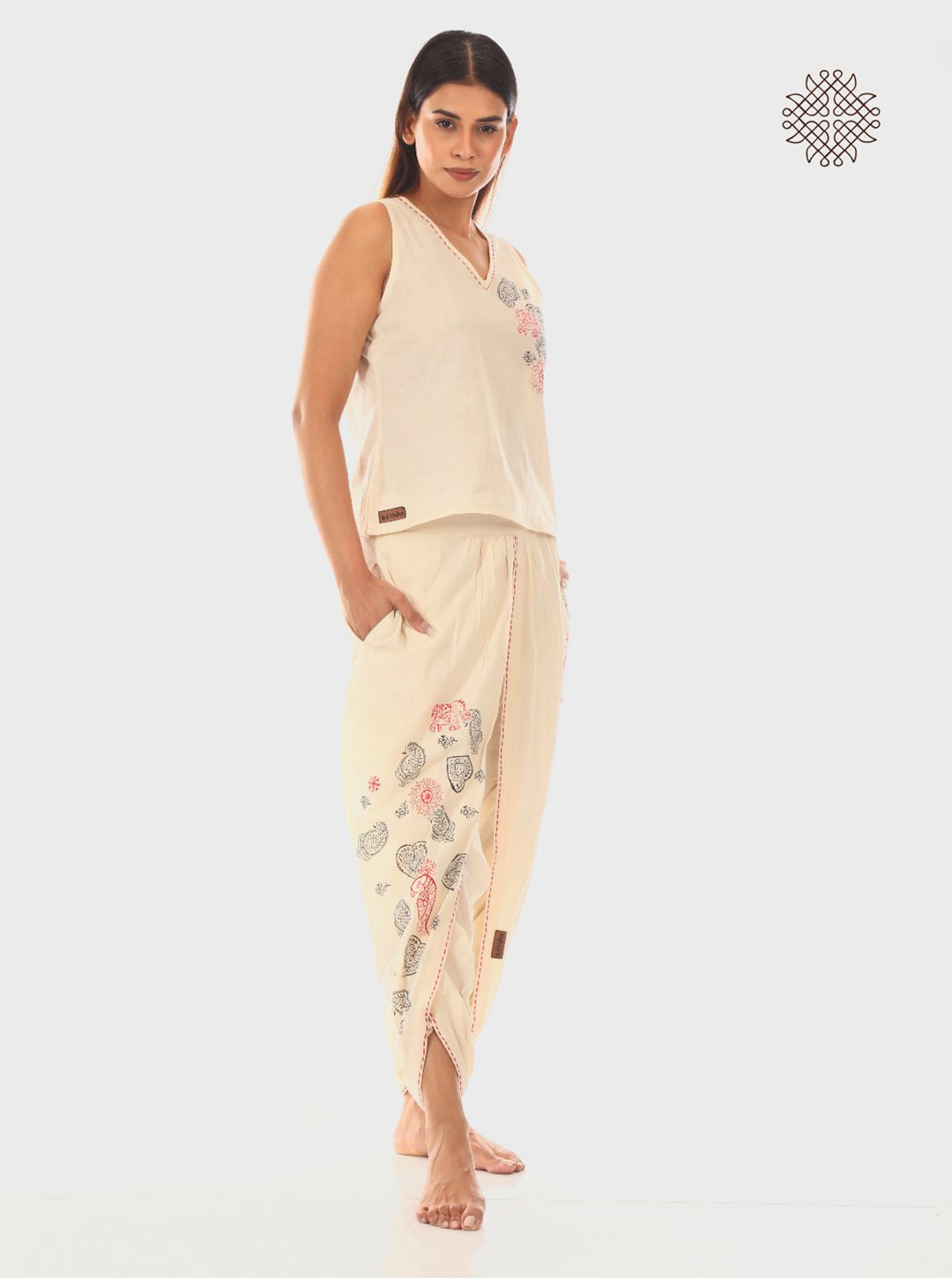 Sattvika - Hand Block Printed Off-White Dhoti & Crop Top Set made in 100% cotton - Image 2