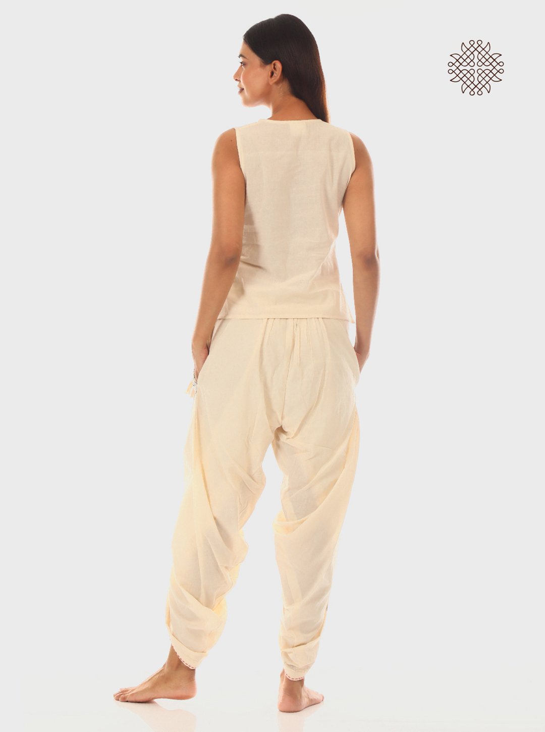 Sattvika - Hand Block Printed Off-White Dhoti & Crop Top Set made in 100% cotton - Image 4