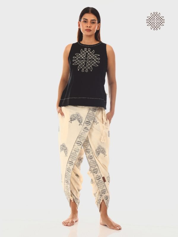 Meena - Hand Block Print Off-White Cross-Cut Dhoti & Hand Embroidered Black Crop Top Set crafted in 100% cotton