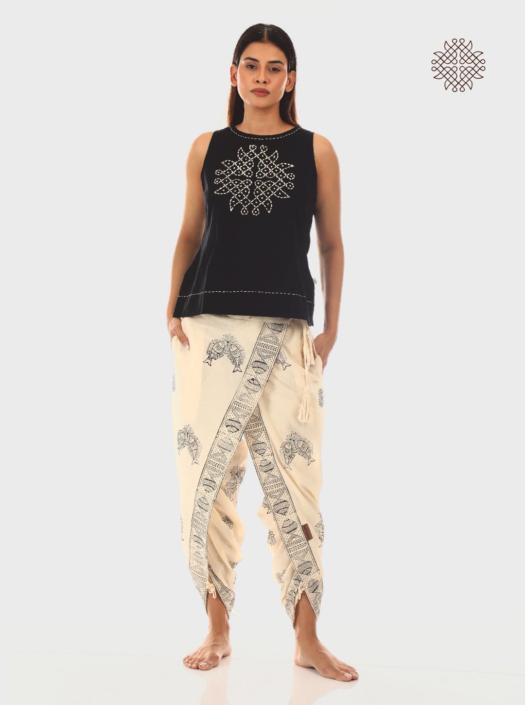 Meena - Hand Block Print Off-White Cross-Cut Dhoti & Hand Embroidered Black Crop Top Set crafted in 100% cotton
