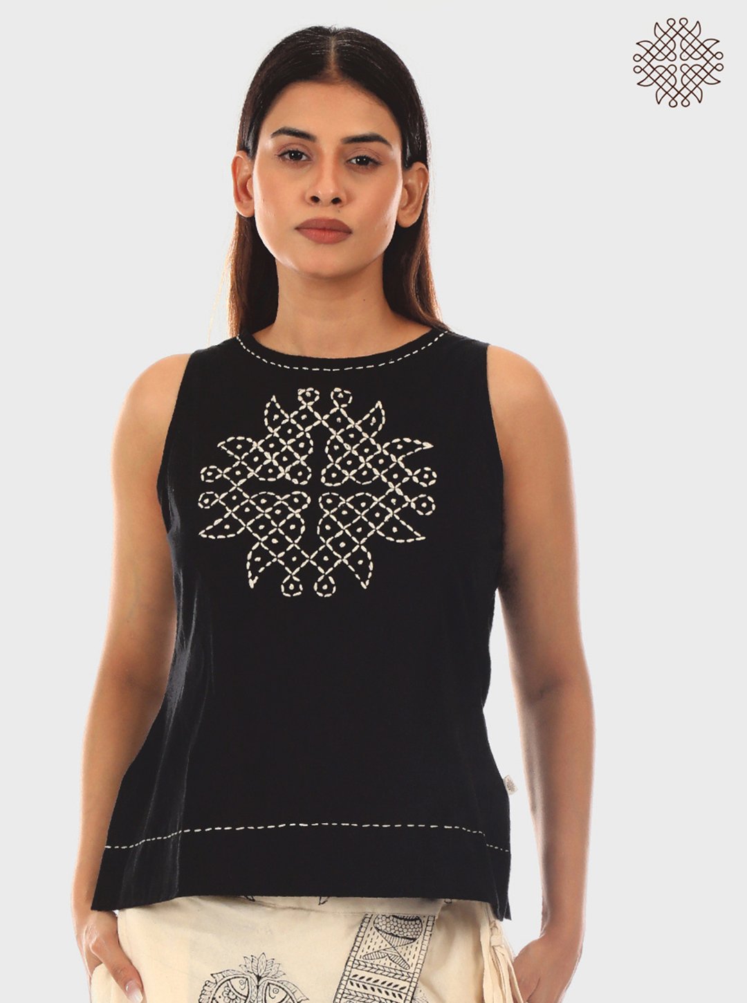 Rangavalli - Hand Embroidered Sleeveless Black Crop Top crafted in 100% cotton.