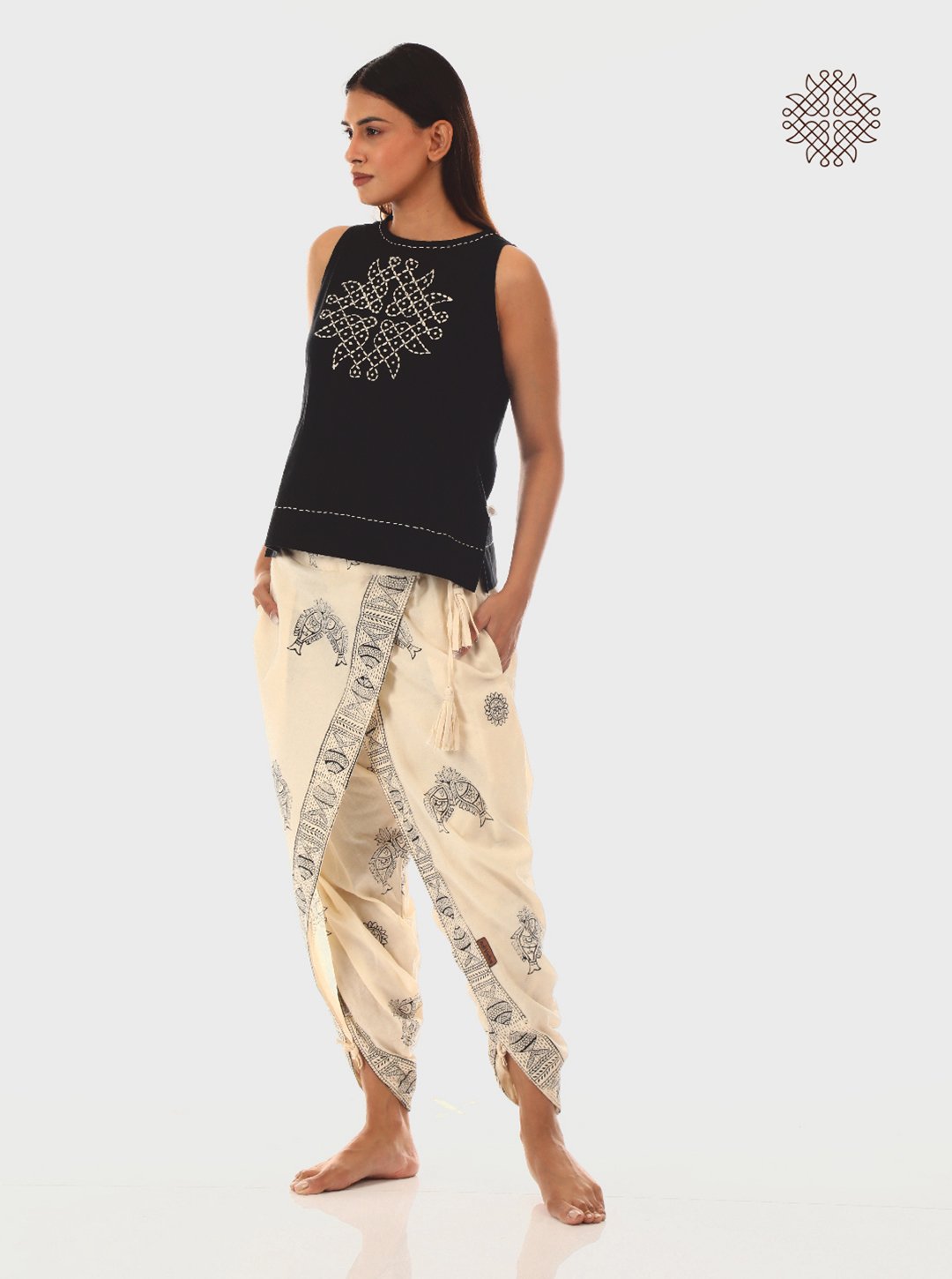 Meena - Hand Block Print Off-White Cross-Cut Dhoti & Hand Embroidered Black Crop Top Set crafted in 100% cotton - Image 3