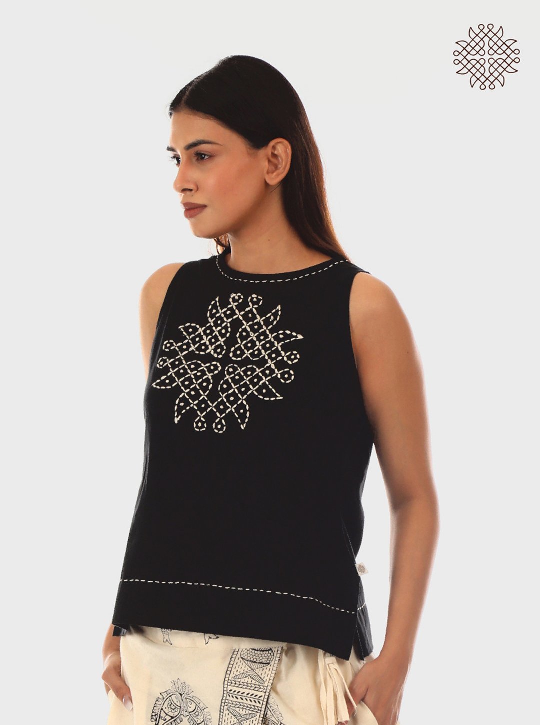Rangavalli - Hand Embroidered Sleeveless Black Crop Top crafted in 100% cotton. - Image 3