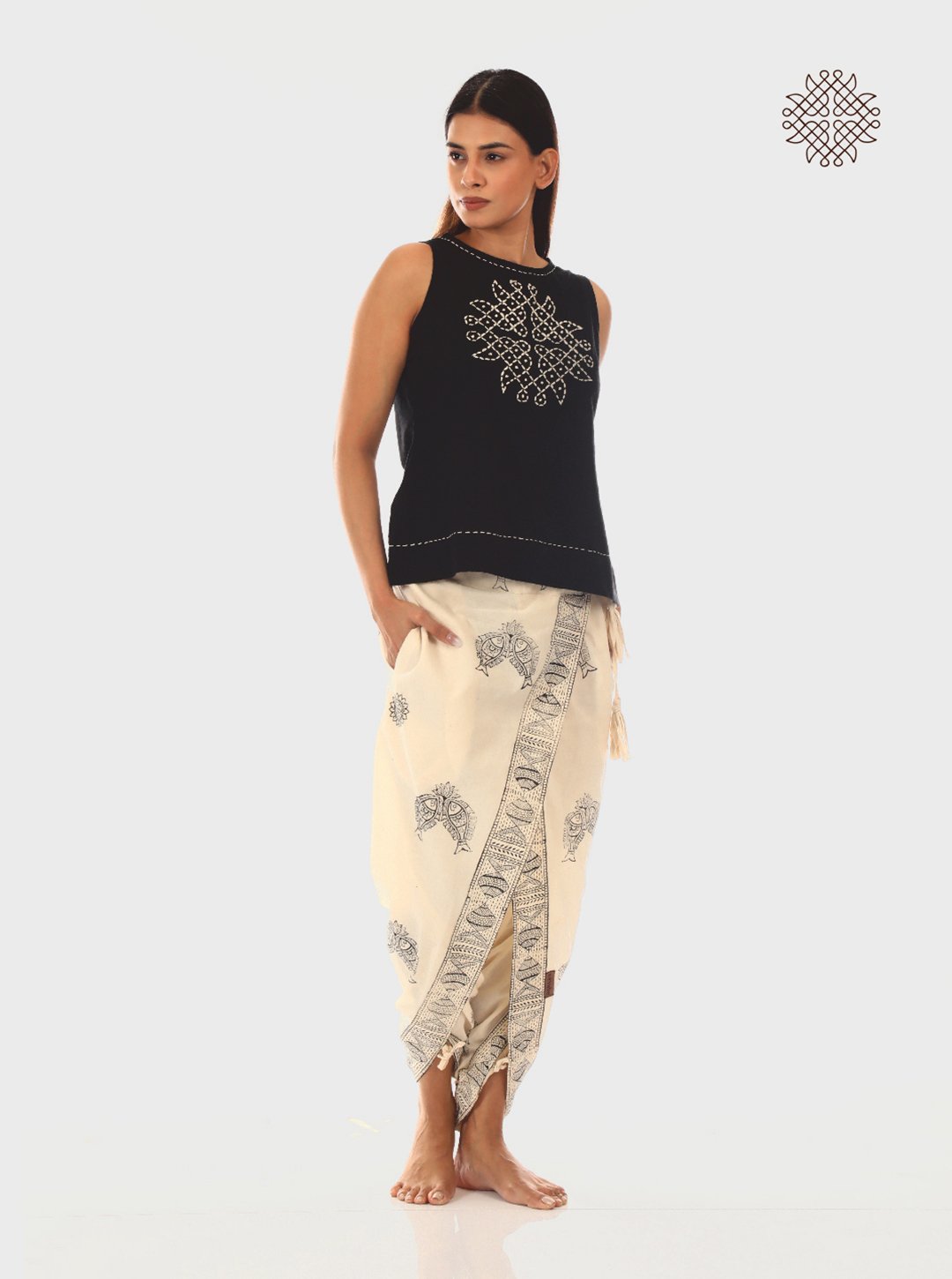 Meena - Hand Block Print Off-White Cross-Cut Dhoti & Hand Embroidered Black Crop Top Set crafted in 100% cotton - Image 2