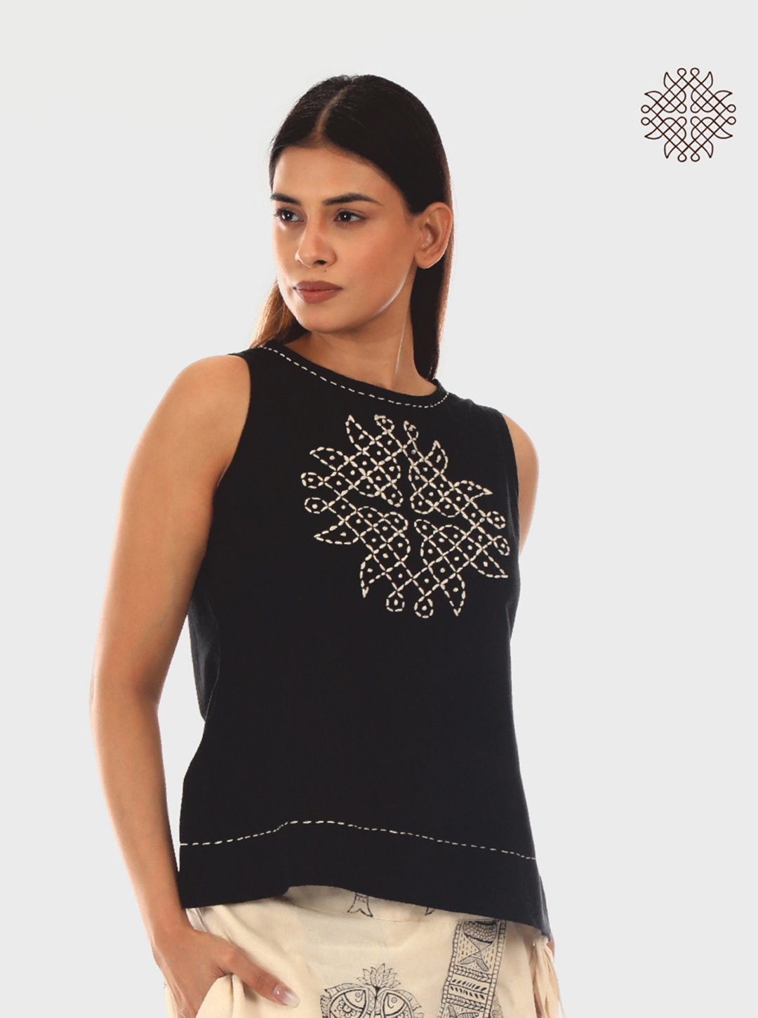 Rangavalli - Hand Embroidered Sleeveless Black Crop Top crafted in 100% cotton. - Image 2