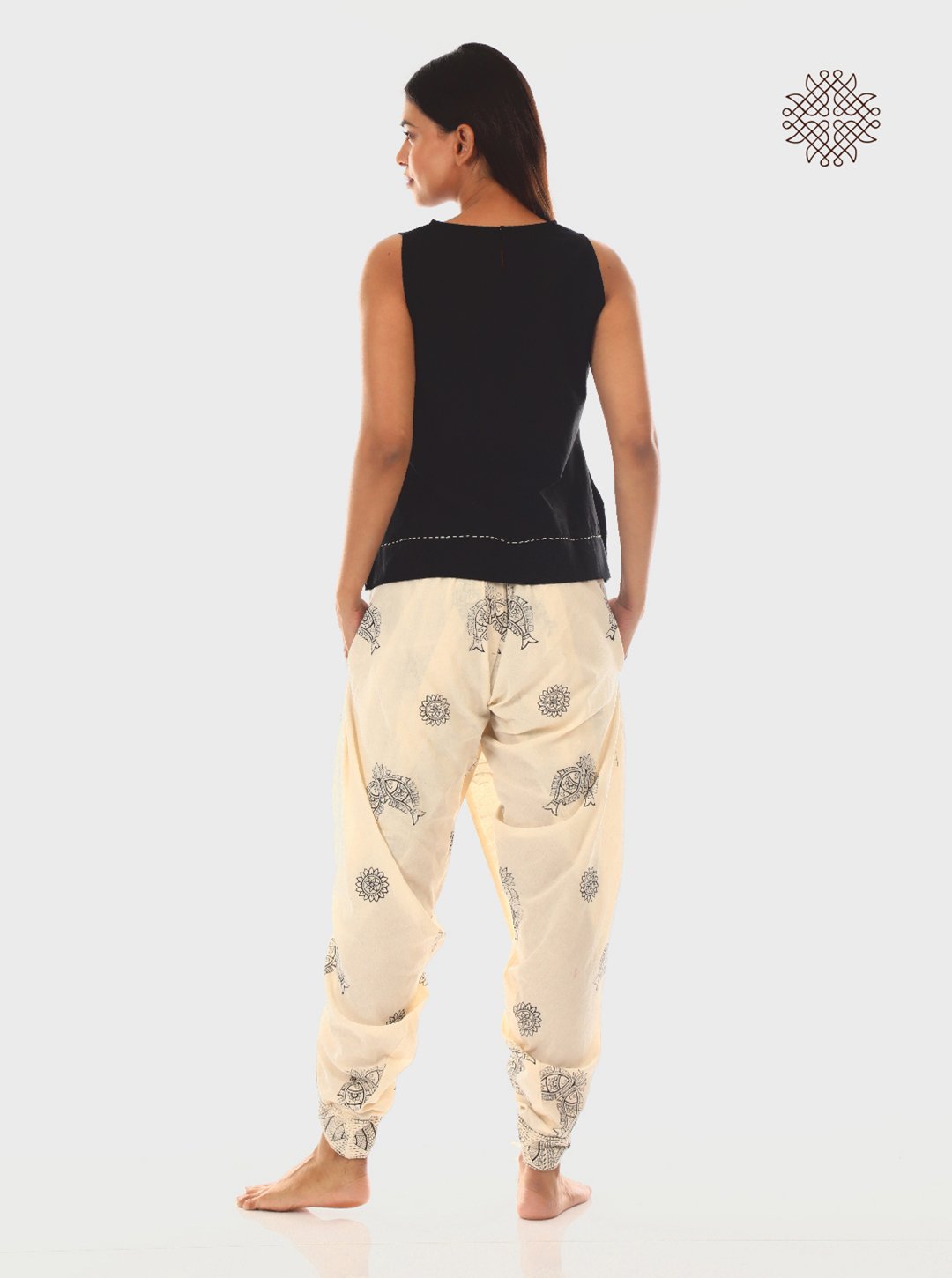 Meena - Hand Block Print Off-White Cross-Cut Dhoti & Hand Embroidered Black Crop Top Set crafted in 100% cotton - Image 4