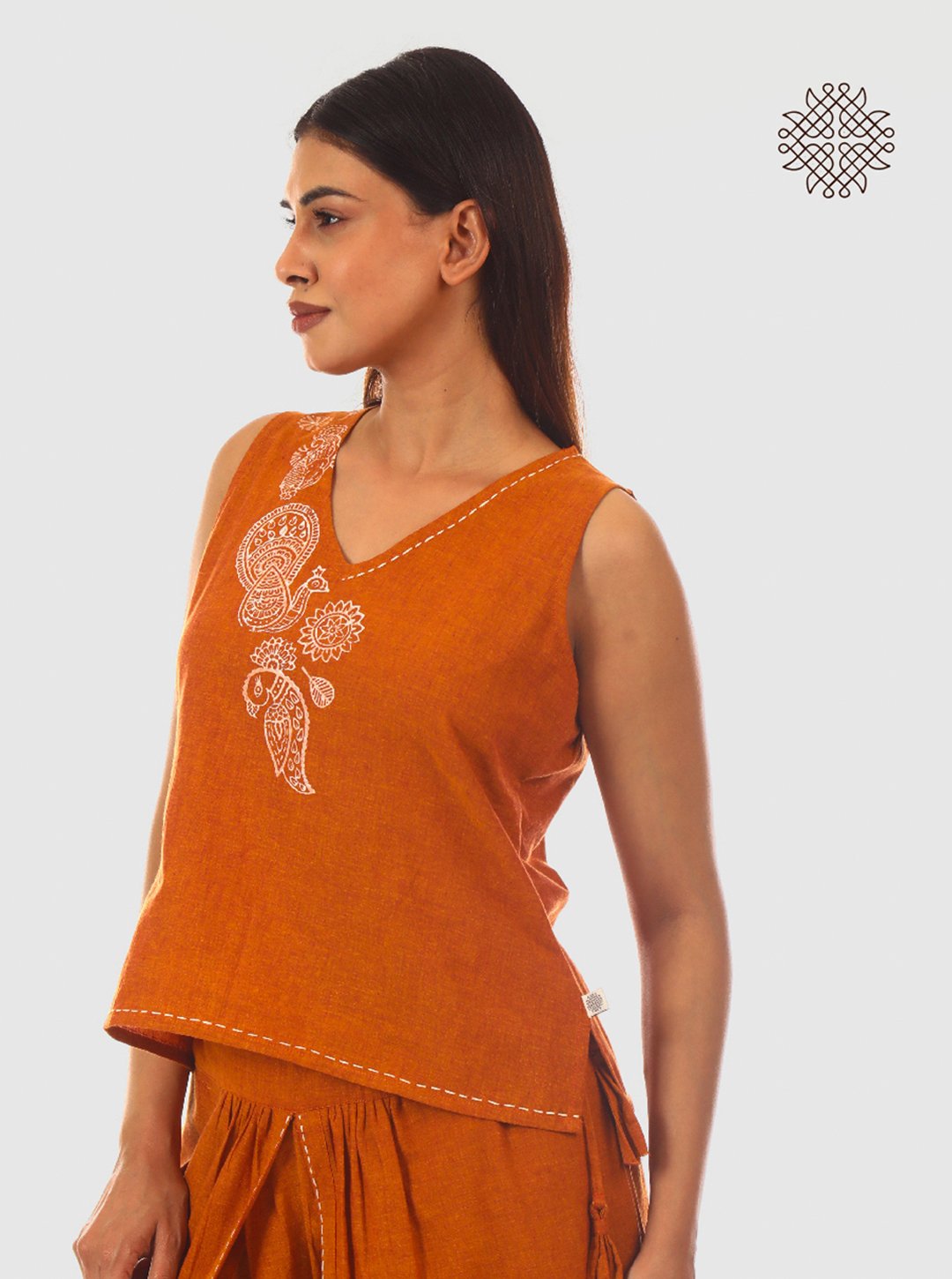 Mayura Kurta - Hand Block Printed Rusty Brown Crop Top crafted in 100% cotton - Image 3