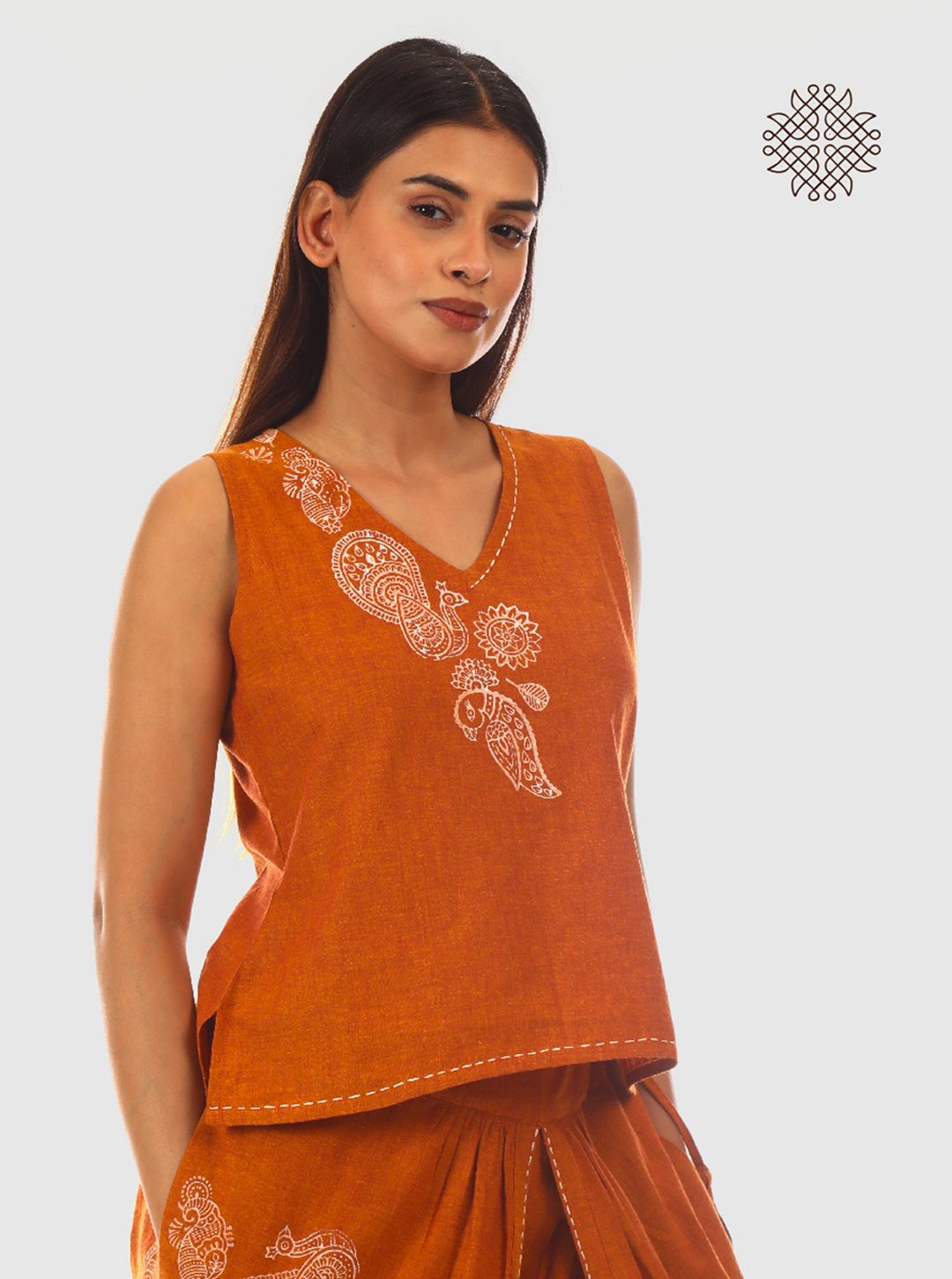 Mayura Kurta - Hand Block Printed Rusty Brown Crop Top crafted in 100% cotton - Image 2