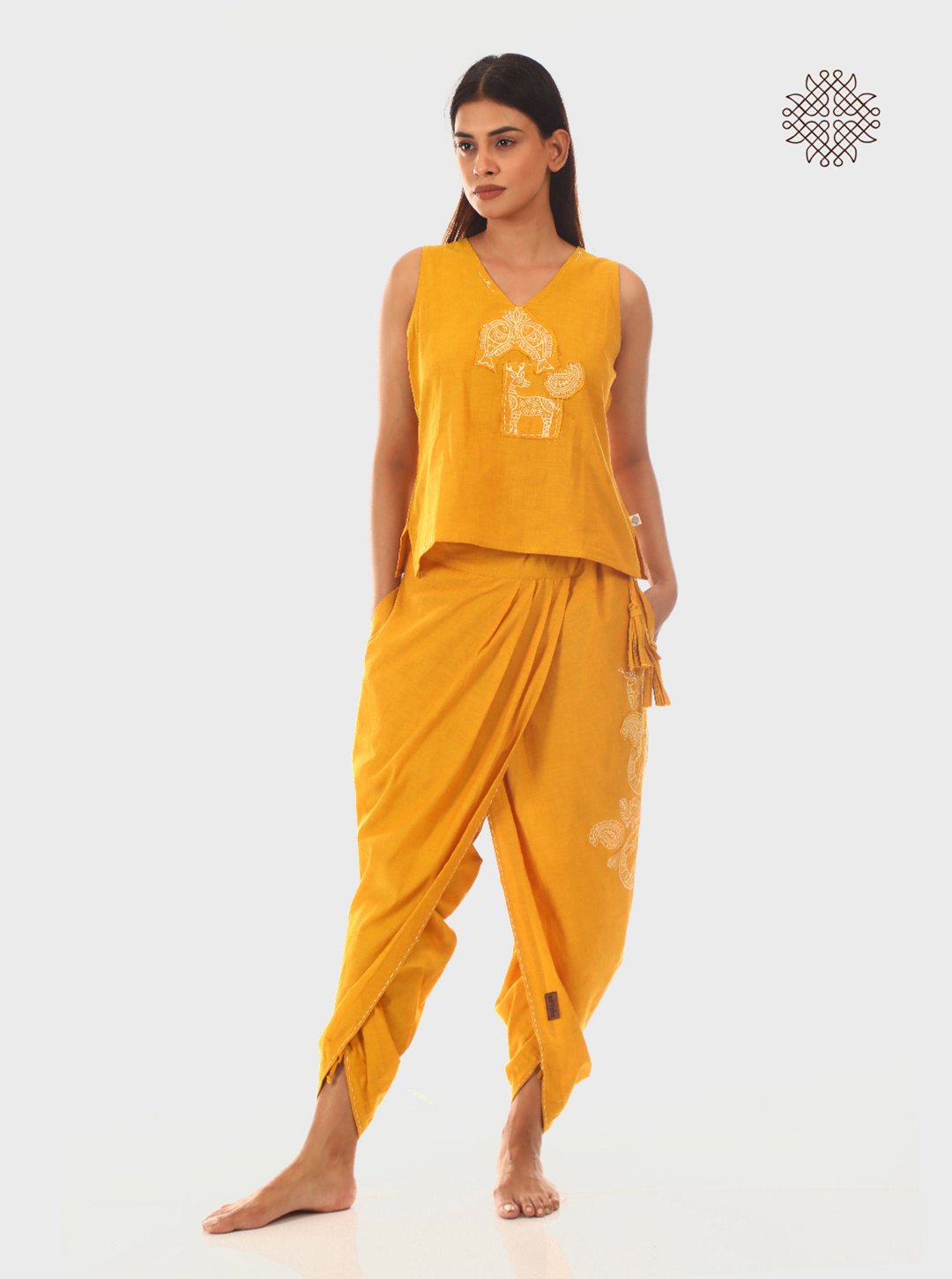 Manjal - Hand Block Printed Mustard Yellow Pleated Dhoti & Crop Top Set made in 100% cotton