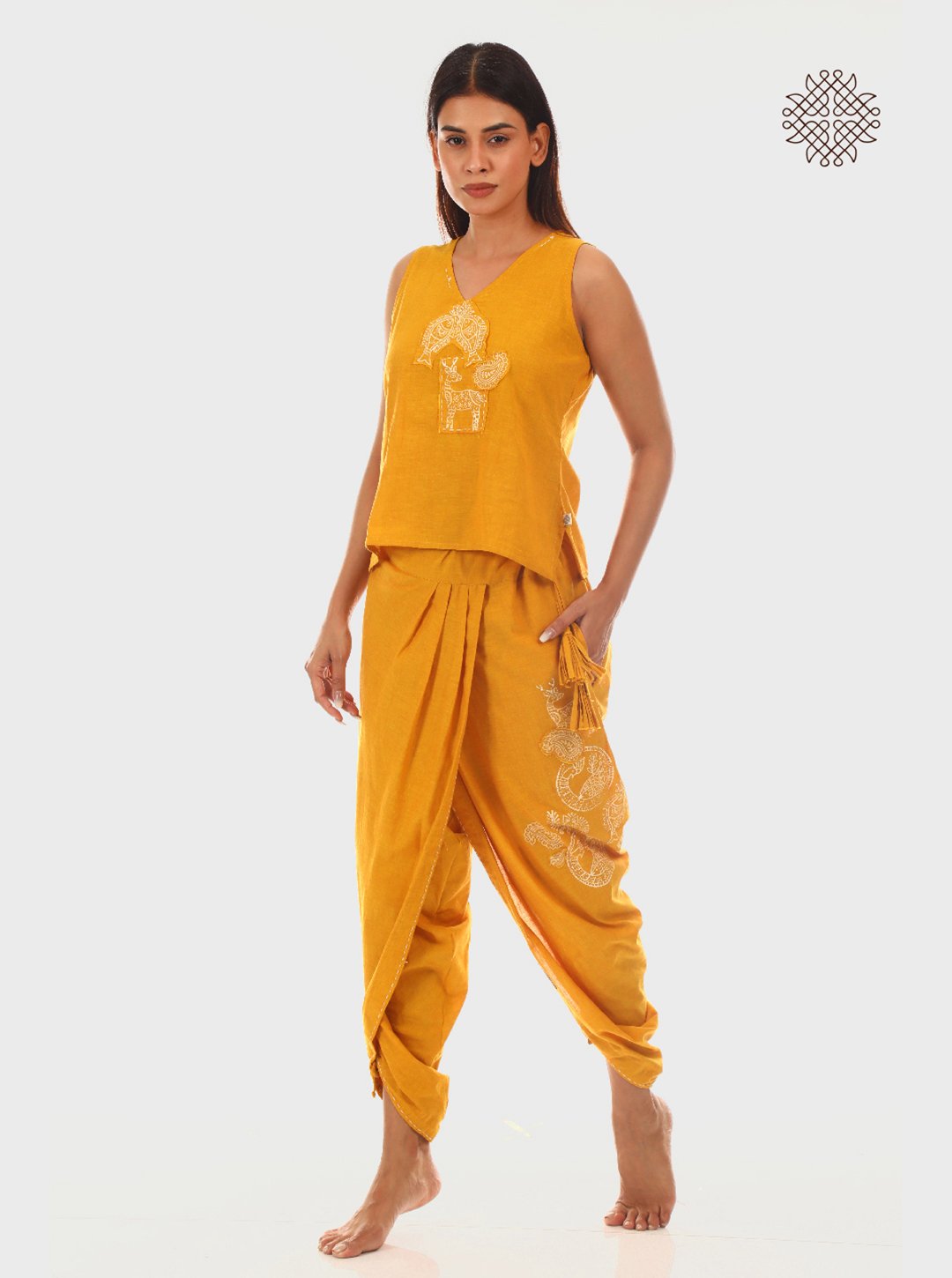 Manjal Dhoti Pants - Hand Block Printed Mustard Yellow Pleated Dhoti made in 100% cotton - Image 6