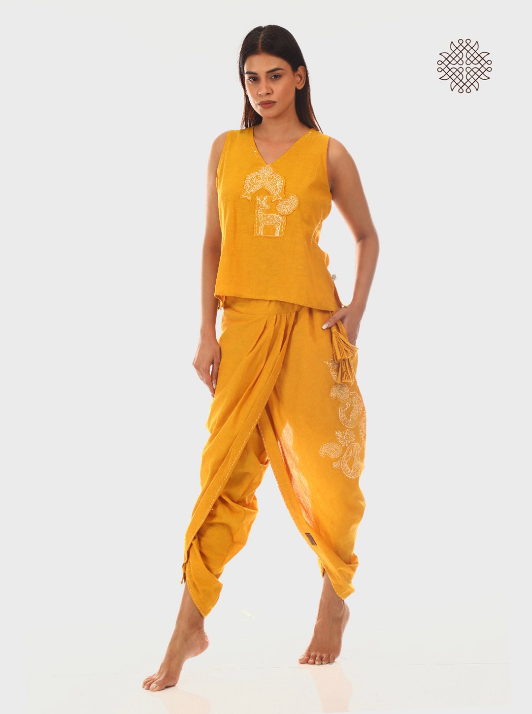 Manjal - Hand Block Printed Mustard Yellow Pleated Dhoti & Crop Top Set made in 100% cotton - Image 3
