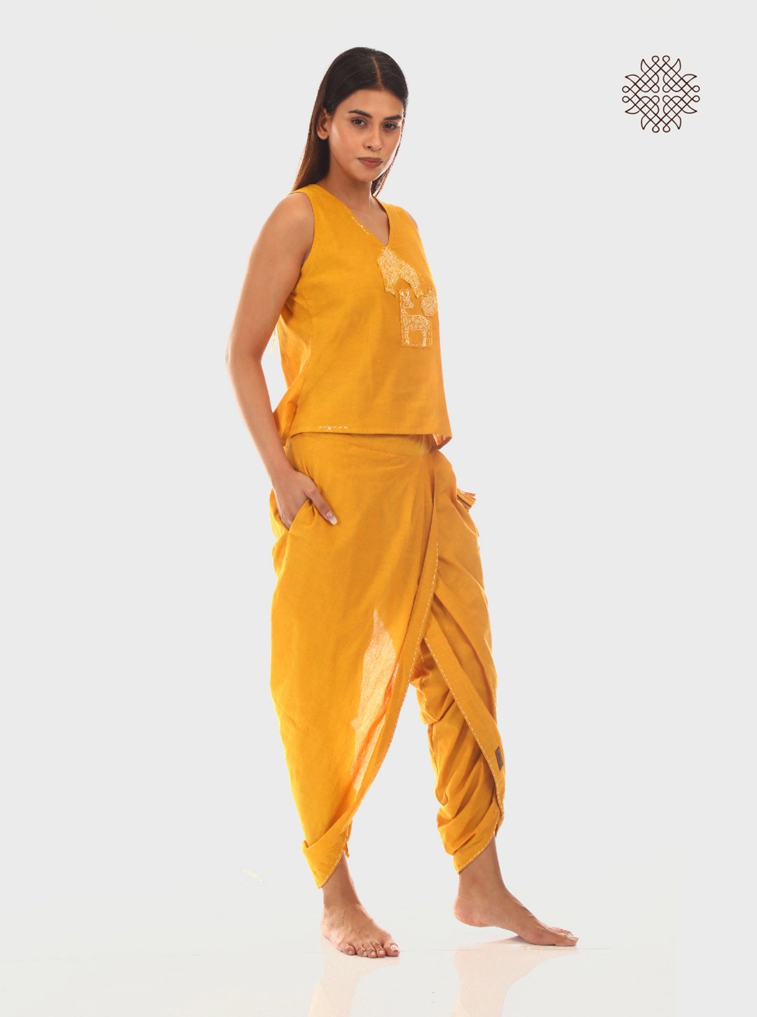 Manjal - Hand Block Printed Mustard Yellow Pleated Dhoti & Crop Top Set made in 100% cotton - Image 2