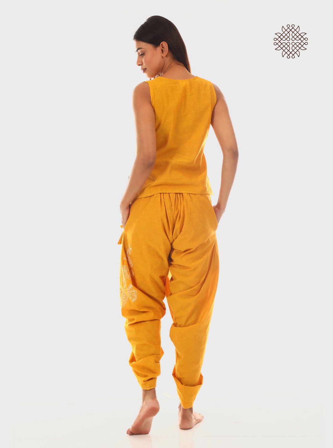 Manjal - Hand Block Printed Mustard Yellow Pleated Dhoti & Crop Top Set made in 100% cotton - Image 4
