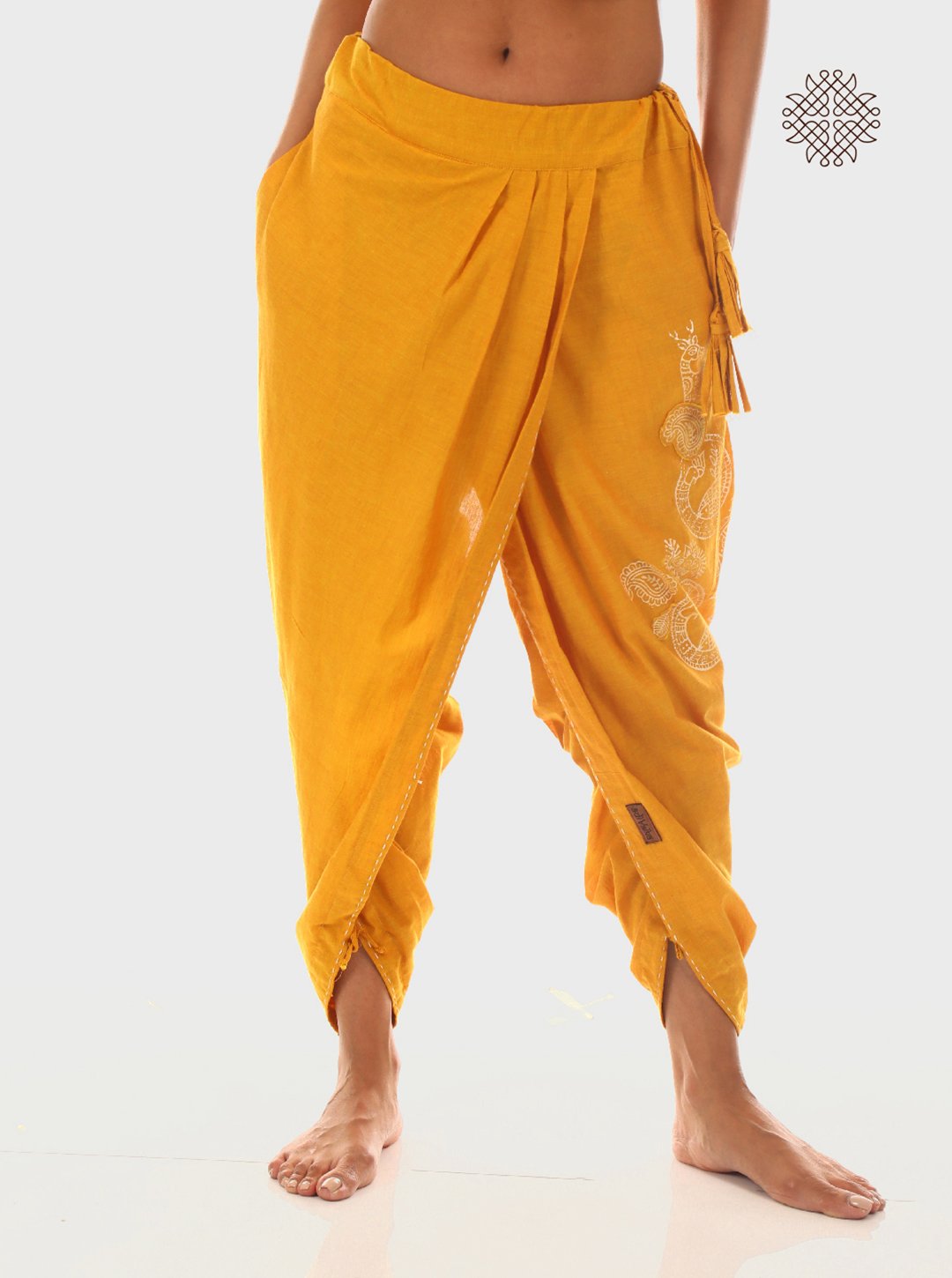 Manjal Dhoti Pants - Hand Block Printed Mustard Yellow Pleated Dhoti made in 100% cotton