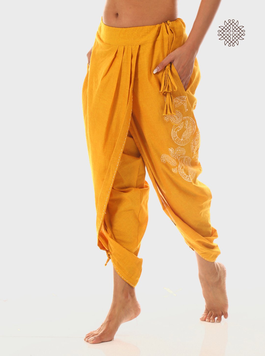 Manjal Dhoti Pants - Hand Block Printed Mustard Yellow Pleated Dhoti made in 100% cotton - Image 3