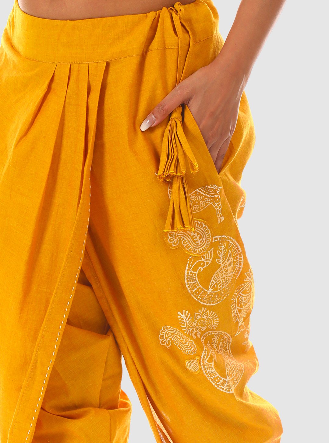 Manjal Dhoti Pants - Hand Block Printed Mustard Yellow Pleated Dhoti made in 100% cotton - Image 4