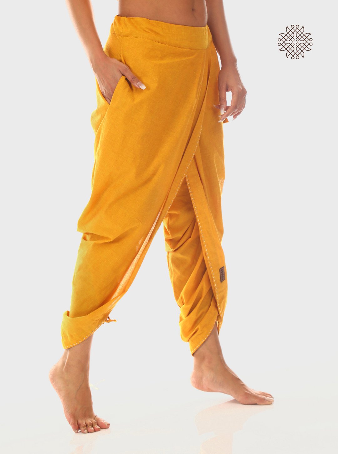 Manjal Dhoti Pants - Hand Block Printed Mustard Yellow Pleated Dhoti made in 100% cotton - Image 2