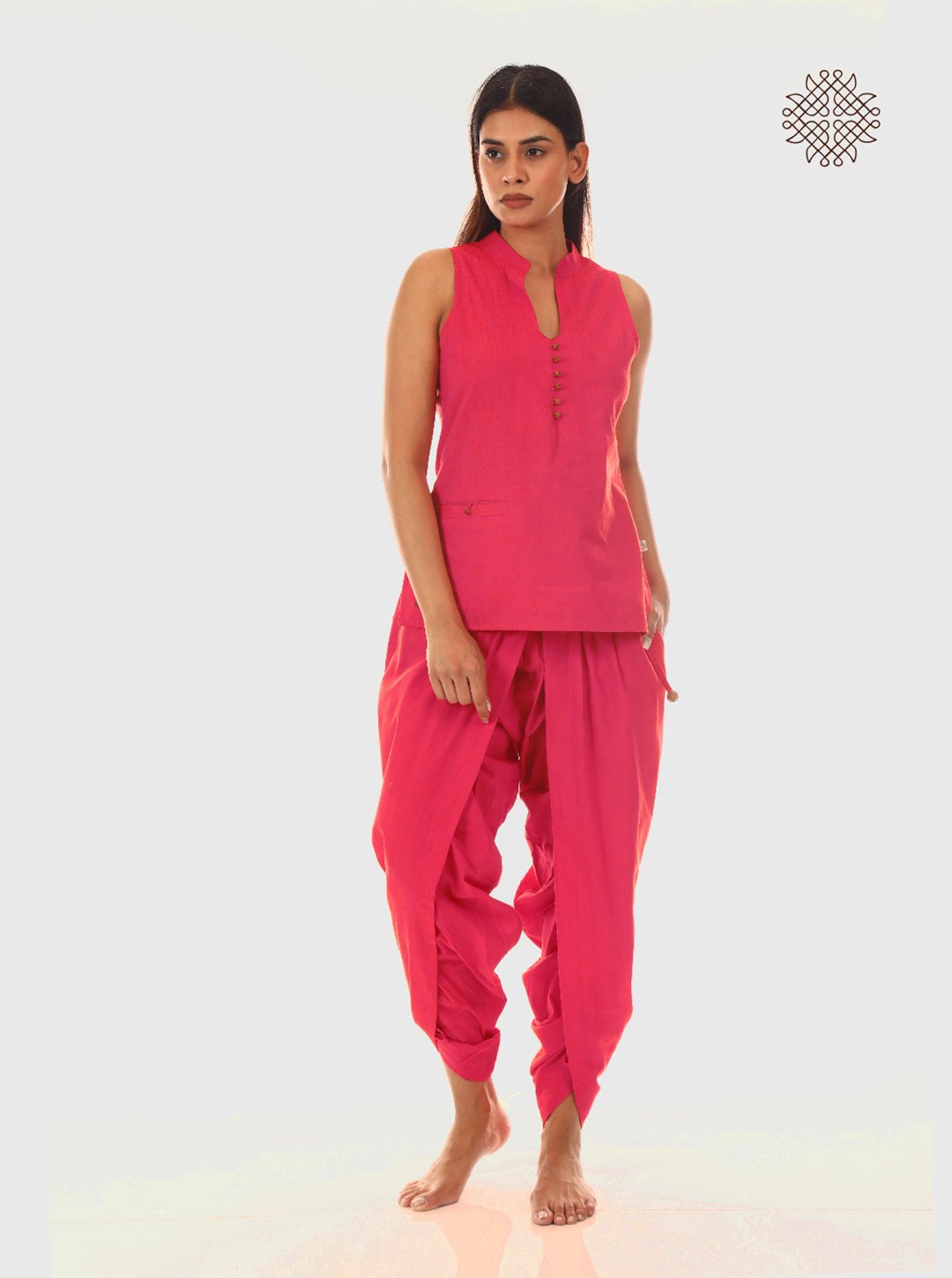 Padmini - Pink Coral Kurti & Tulip Dhoti Pants Coord Set crafted in 100% cotton - Image 2
