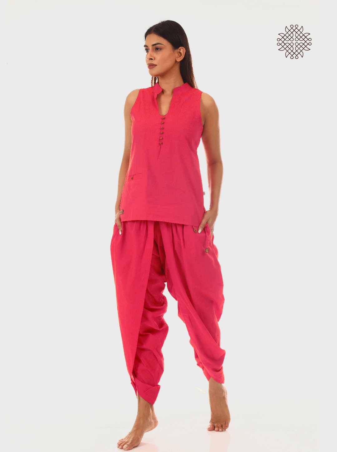 Padmini - Pink Coral Kurti & Tulip Dhoti Pants Coord Set crafted in 100% cotton