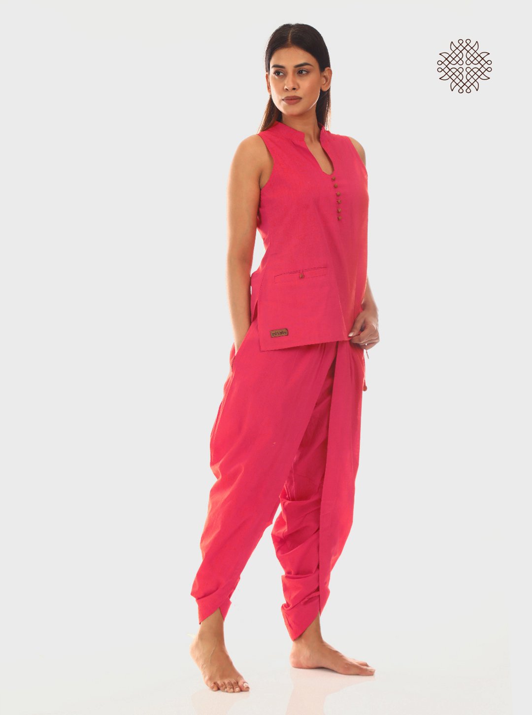 Padmini - Pink Coral Kurti & Tulip Dhoti Pants Coord Set crafted in 100% cotton - Image 3