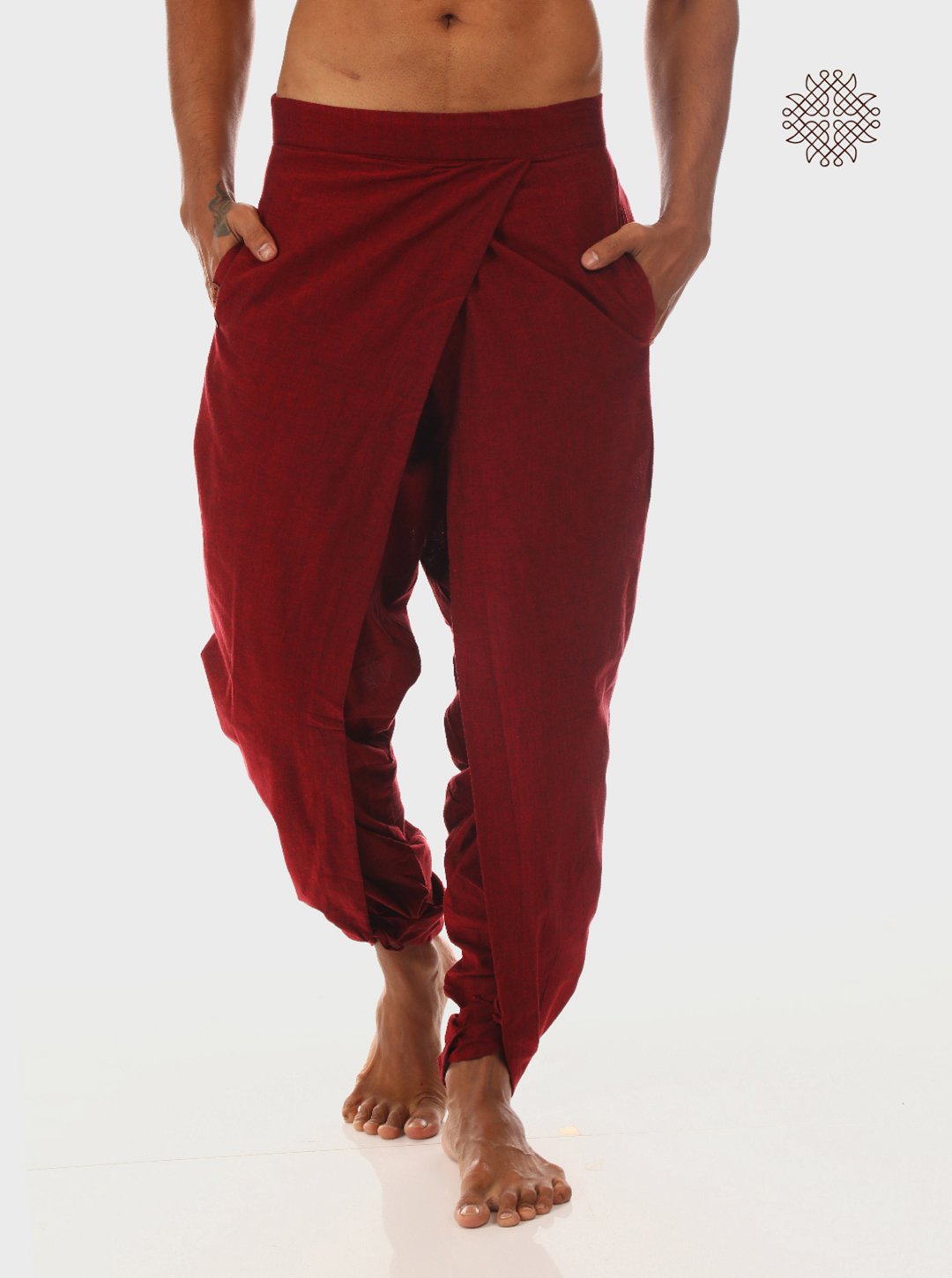 kumkum (maroon) yuvaka, cross-cut dhoti pants with pockets crafted in 100% cotton