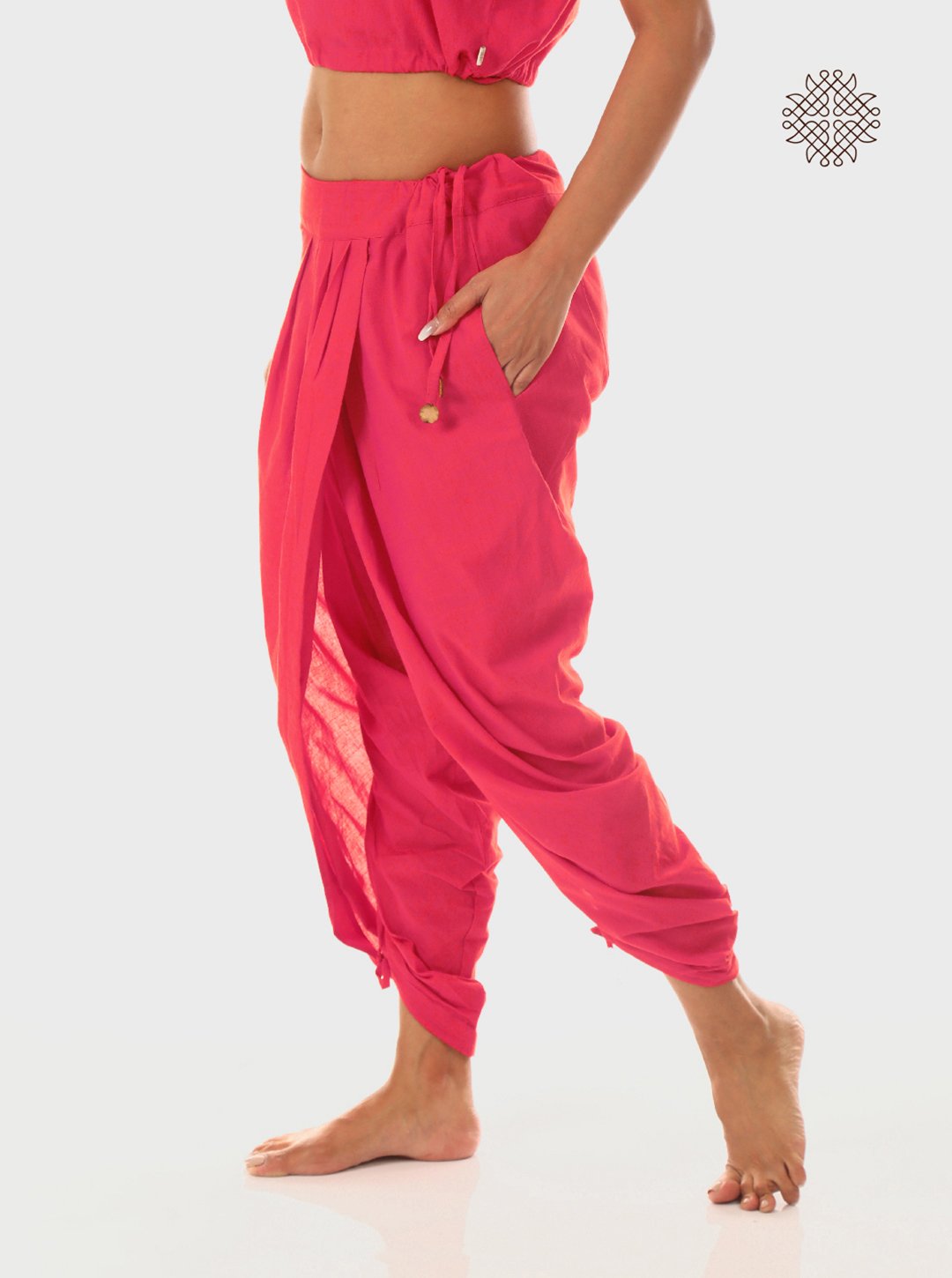 pAtala (coral pink) yuvaki, pleated dhoti pants with pockets crafted in 100% cotton - Image 3