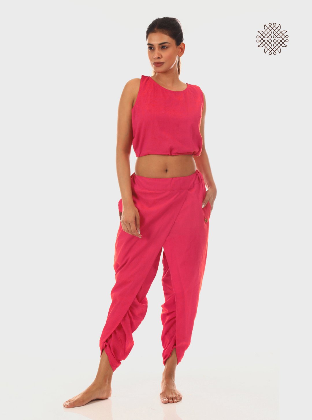 pAtala (coral pink) taruNi, cross-cut dhoti pants with pockets crafted in 100% cotton - Image 5